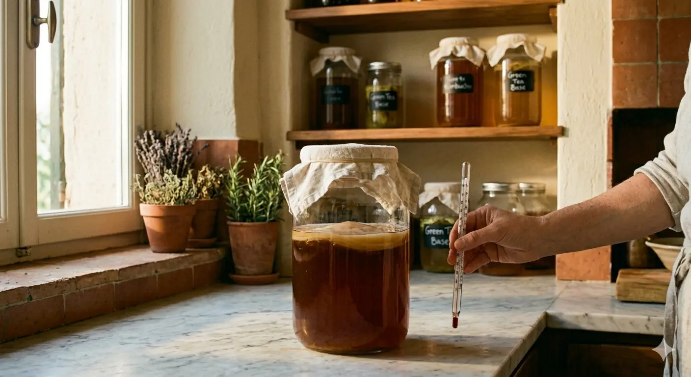 Thermometer held nearby on kombucha jar