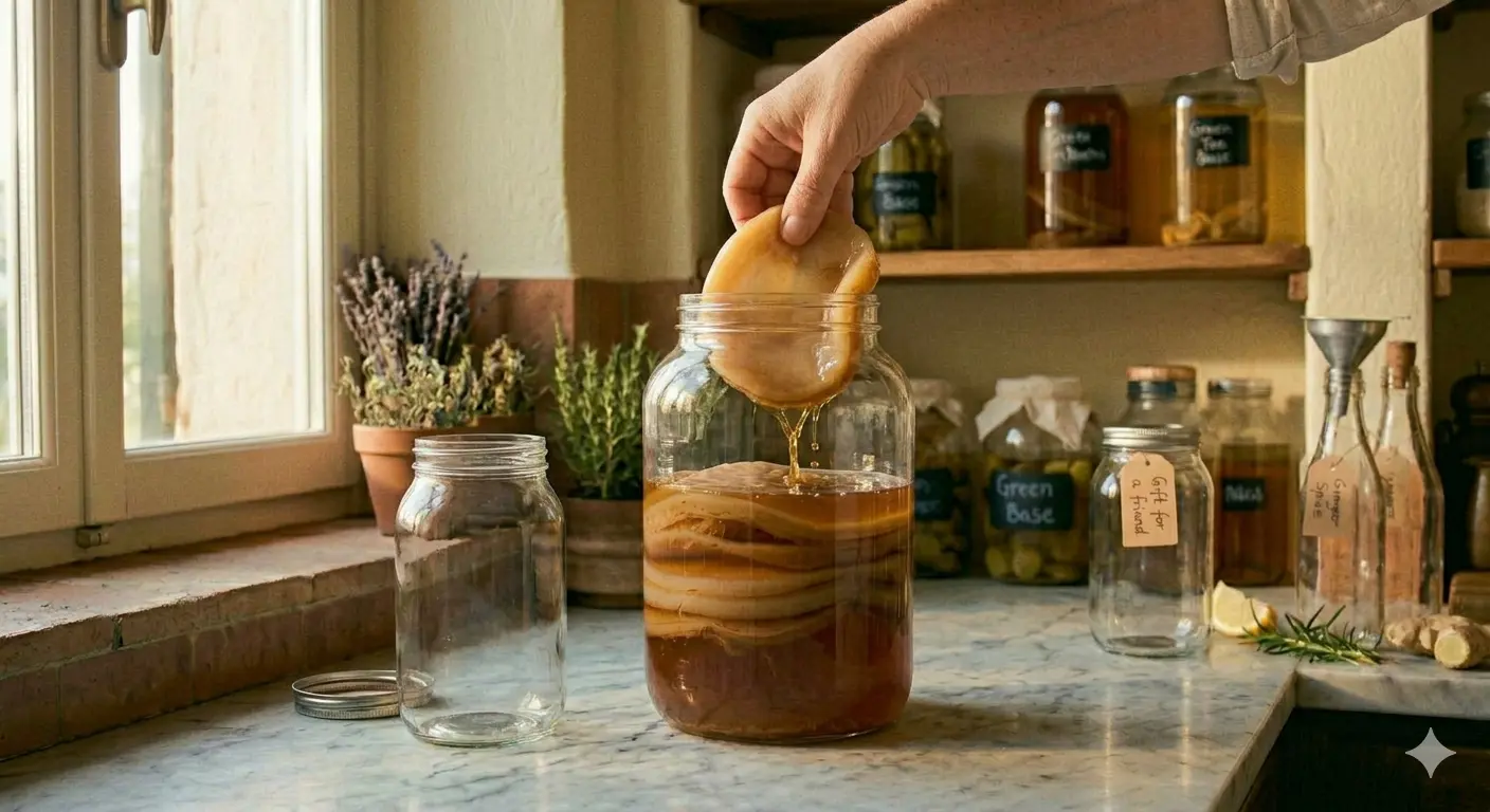 Clean hands carefully extracting a pale SCOBY layer from a half-gallon glass jar (SCOBY hotel)