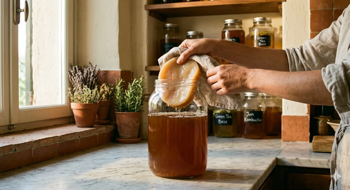 Ofir's hands placing a pale SCOBY