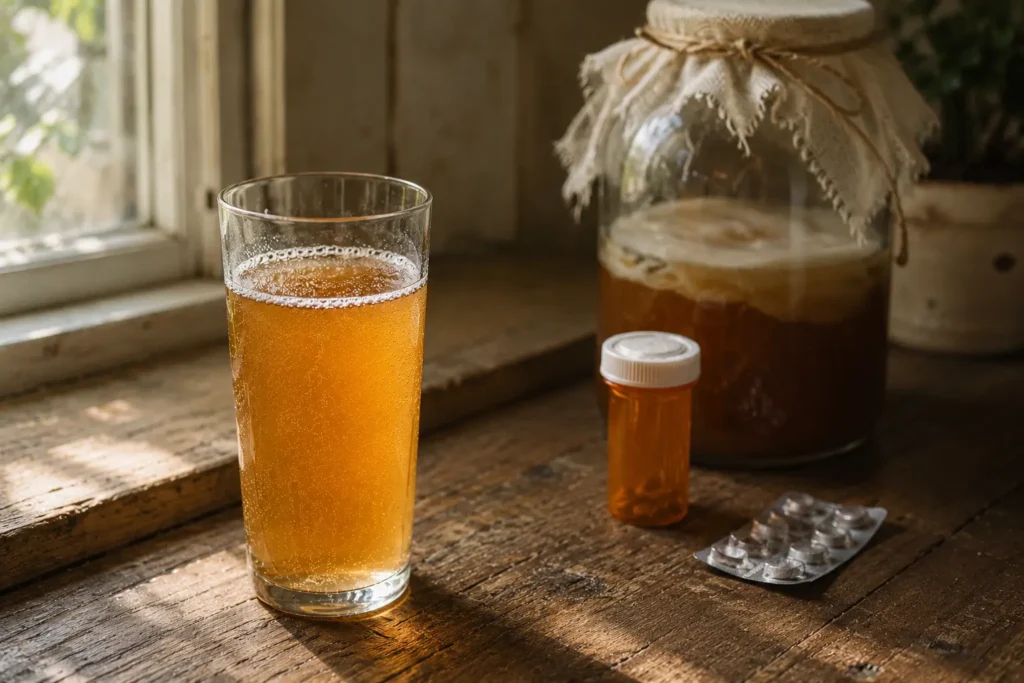 A glass of homemade kombucha beside an amber prescription pill bottle and blister pack of antibiotics on a wooden kitchen counter