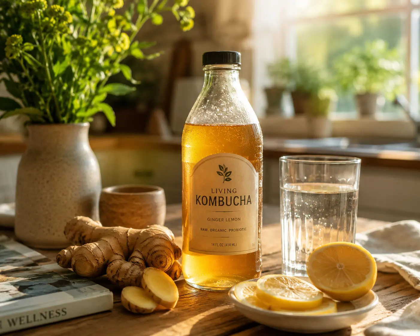Fizzy kombucha glass with ginger and lemon