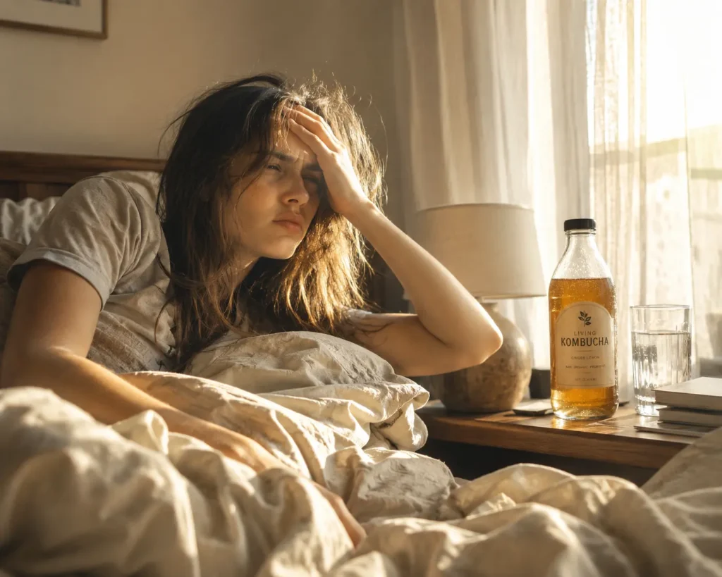 Person in bed with hangover holding head