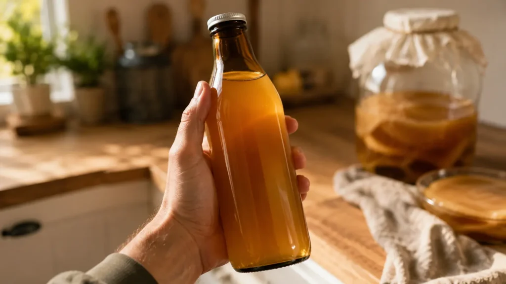 A flat kombucha bottle with no carbonation bubbles held in hand