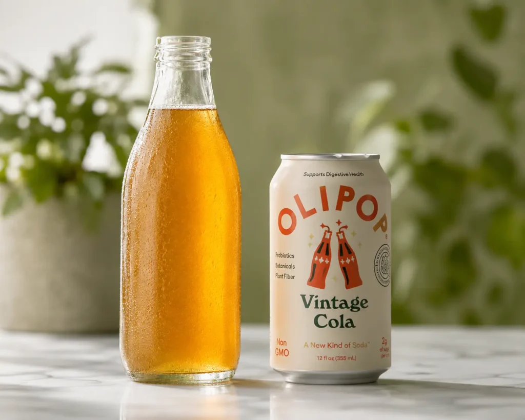 Kombucha bottle next to an Olipop Vintage Cola can on a marble surface