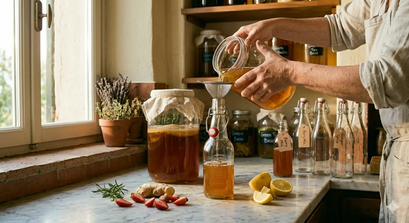 Hands pouring golden-amber kombucha from glass jar