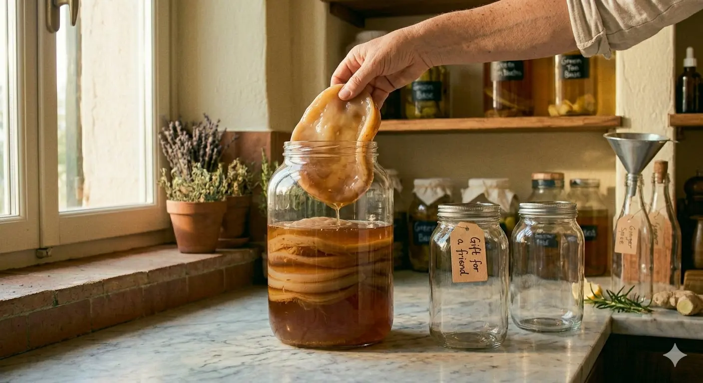 Hands carefully lifting a thick SCOBY layer from a glass jar containing a SCOBY hotel
