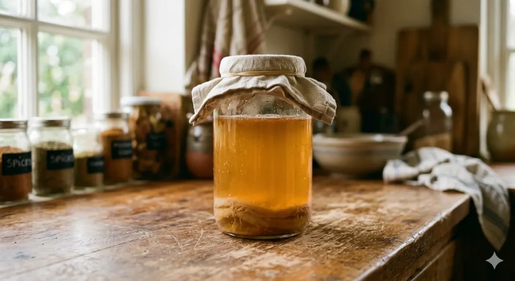 Glass jar of kombucha with SCOBY sunk to the bottom on a kitchen counter