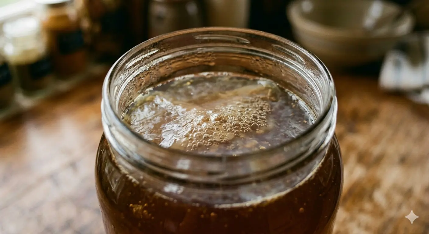 New SCOBY pellicle forming on the surface of fermenting kombucha in a glass jar