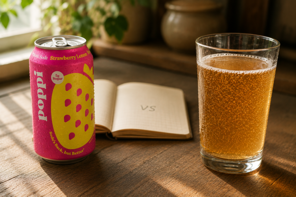 A colorful Poppi soda can and a glass of amber kombucha side-by-side on a wooden counter with a handwritten note between them, illustrating the kombucha vs Poppi comparison