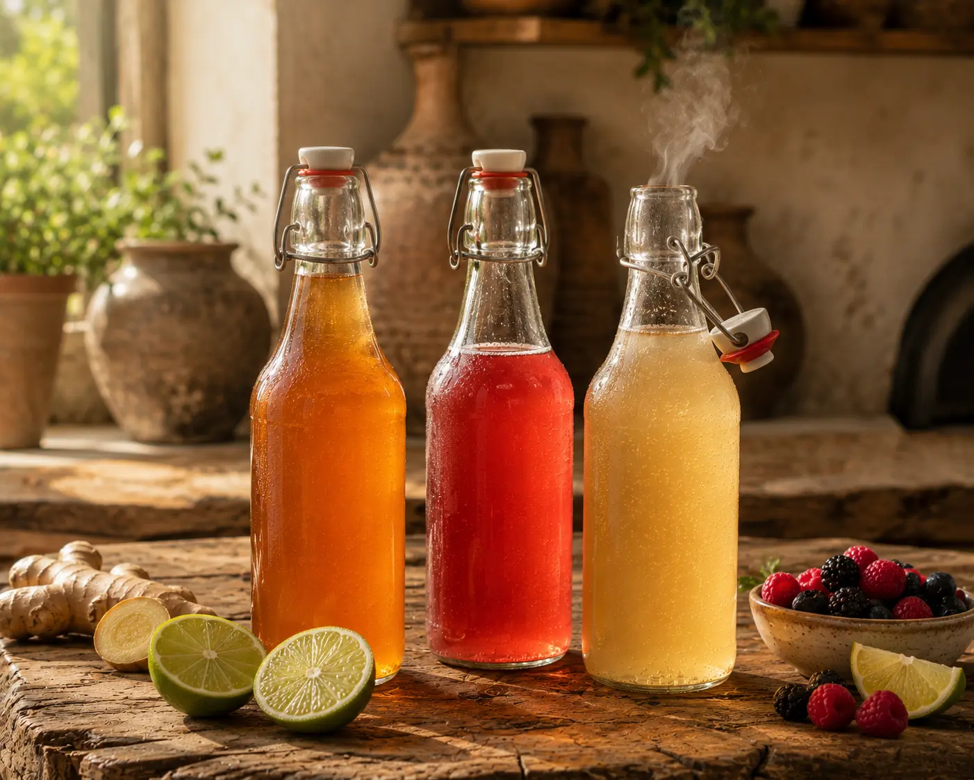 Swing-top bottles of flavored hard kombucha with ginger lime and berry ingredients