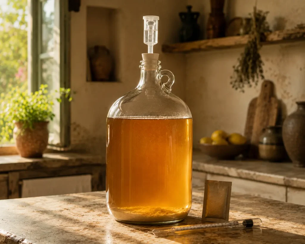 Glass carboy with airlock and champagne yeast for hard kombucha secondary fermentation