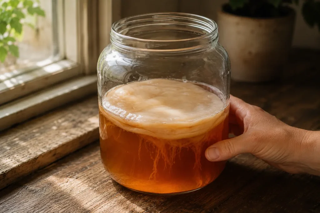 A healthy pale SCOBY floating on amber kombucha in a glass fermentation jar, with brown yeast strands trailing beneath