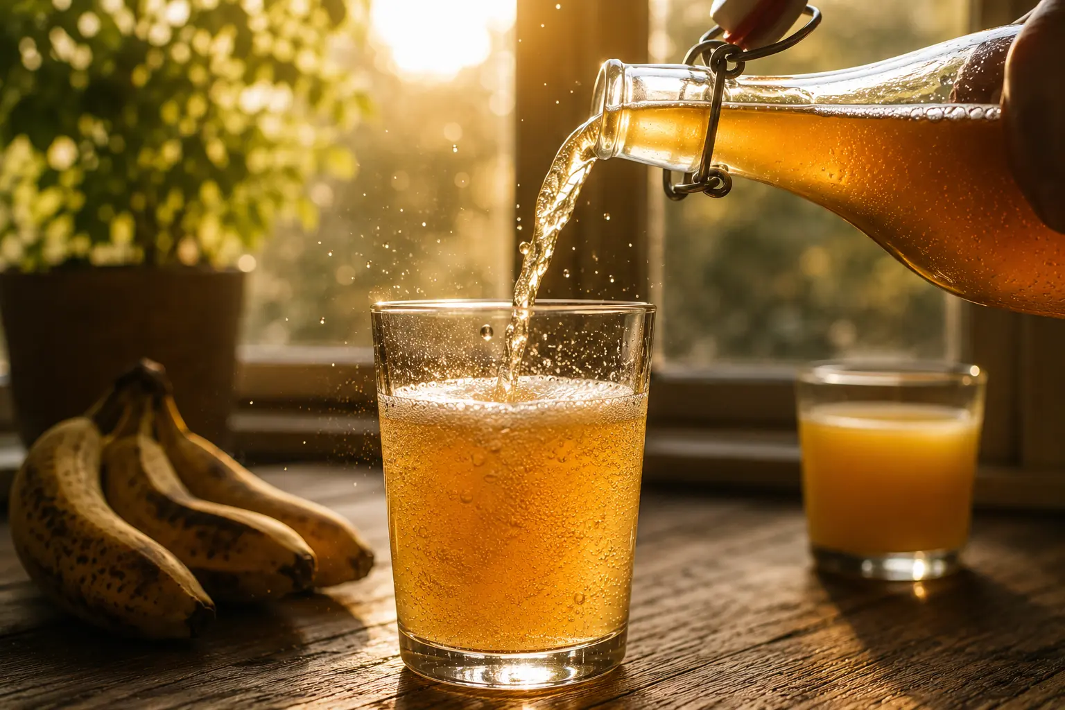 Two swing-top bottles of home-brewed kombucha fermenting on a wooden windowsill, where longer fermentation can raise the alcohol content
