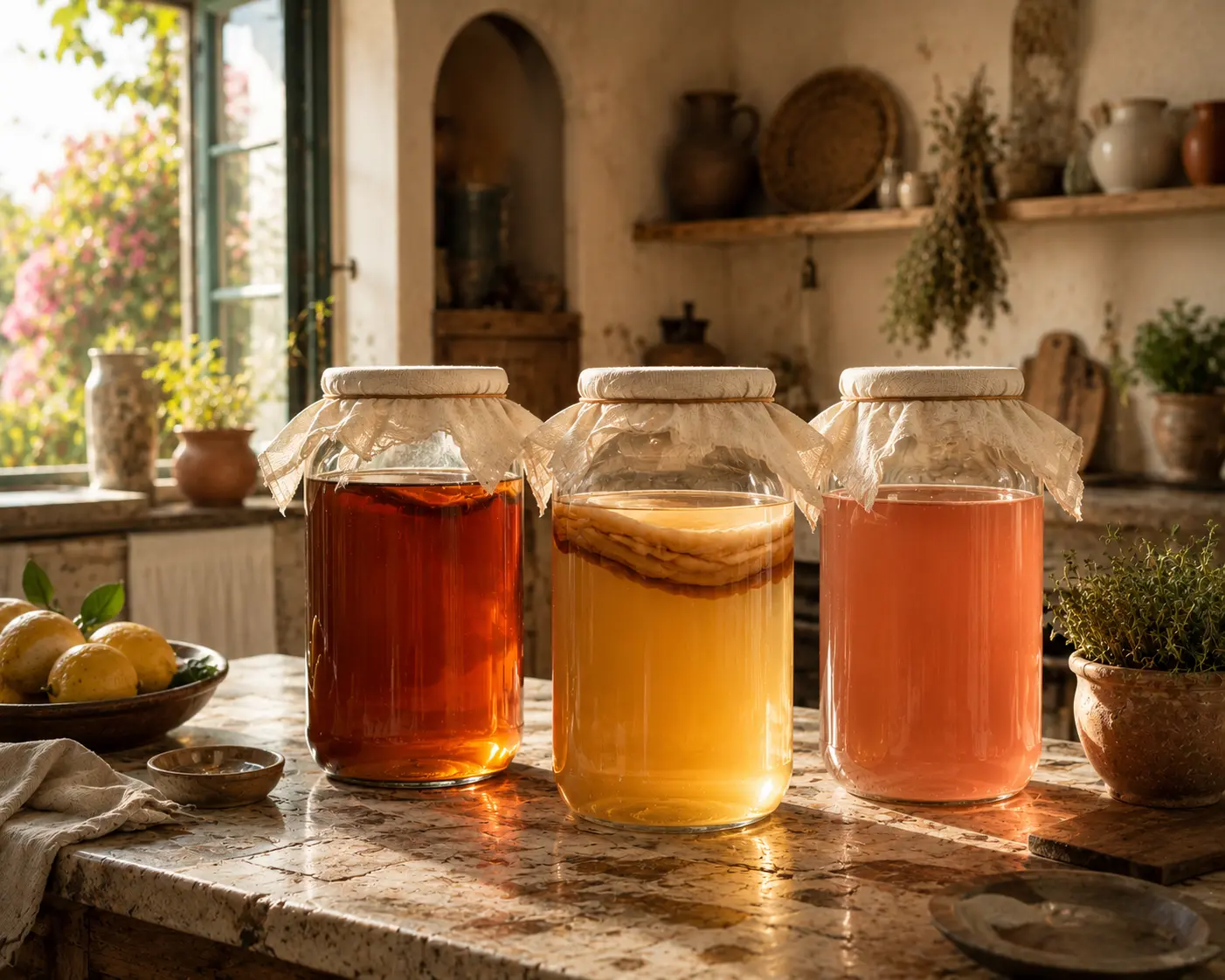 Glass jars of homemade kombucha fermenting on a Mediterranean kitchen counter with SCOBY visible