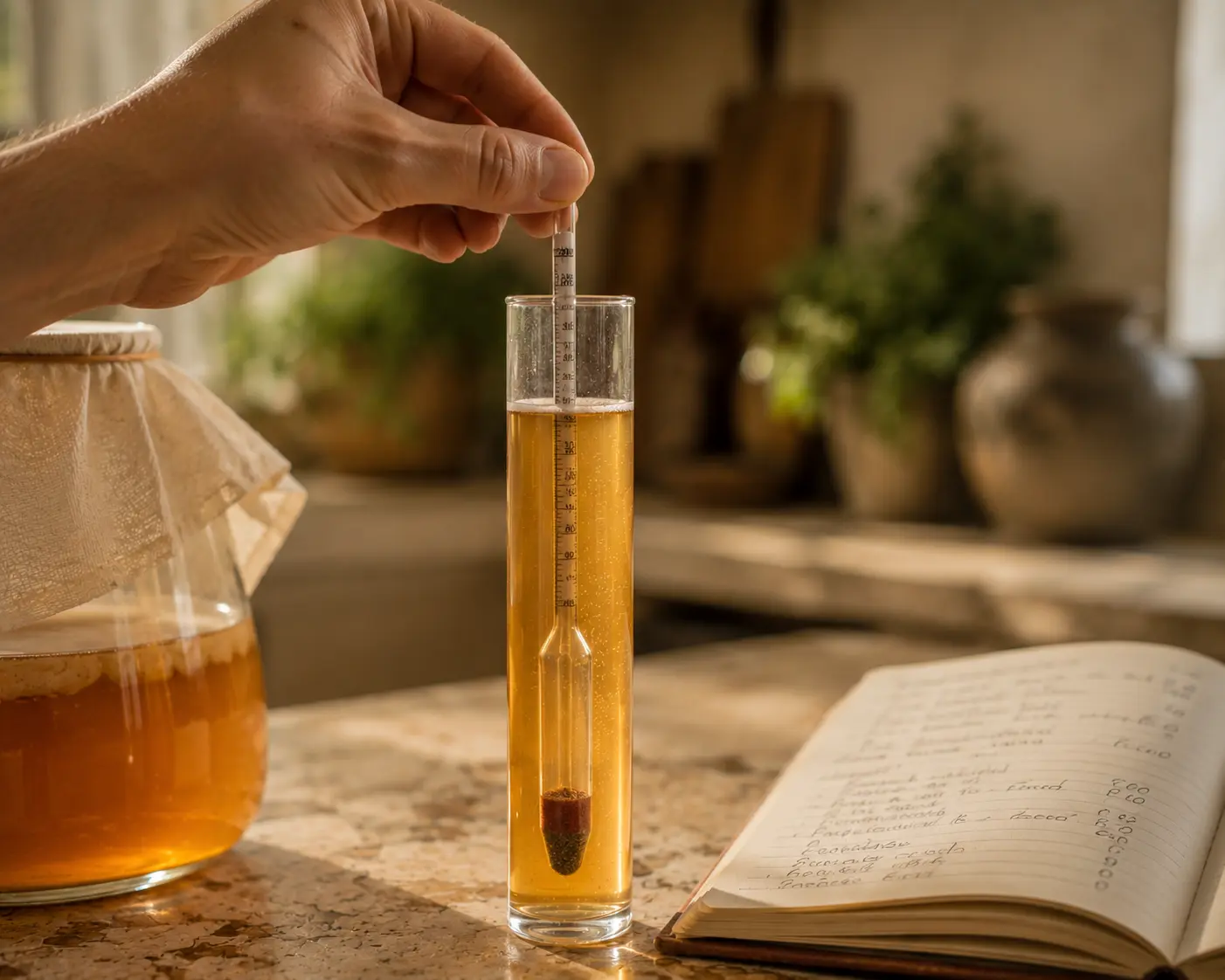 Taking hydrometer reading to measure alcohol content during hard kombucha brewing