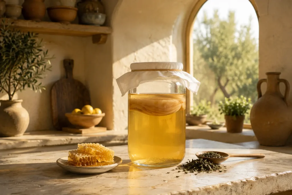 Glass jar of jun kombucha fermenting with green tea and raw honey on a Mediterranean kitchen counter