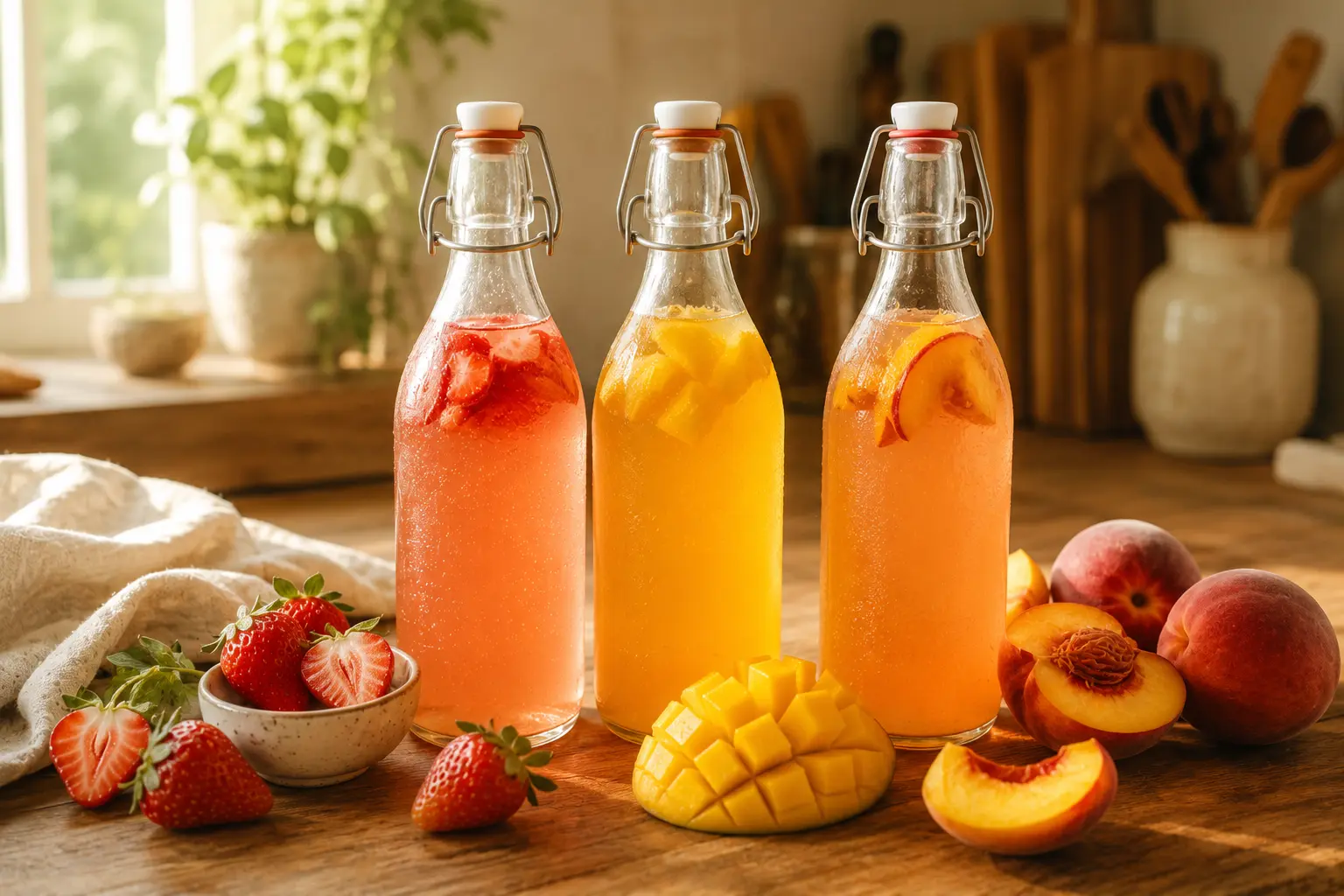 Three bottles of kid-friendly fruit kombucha flavours with fresh fruit on a wooden counter