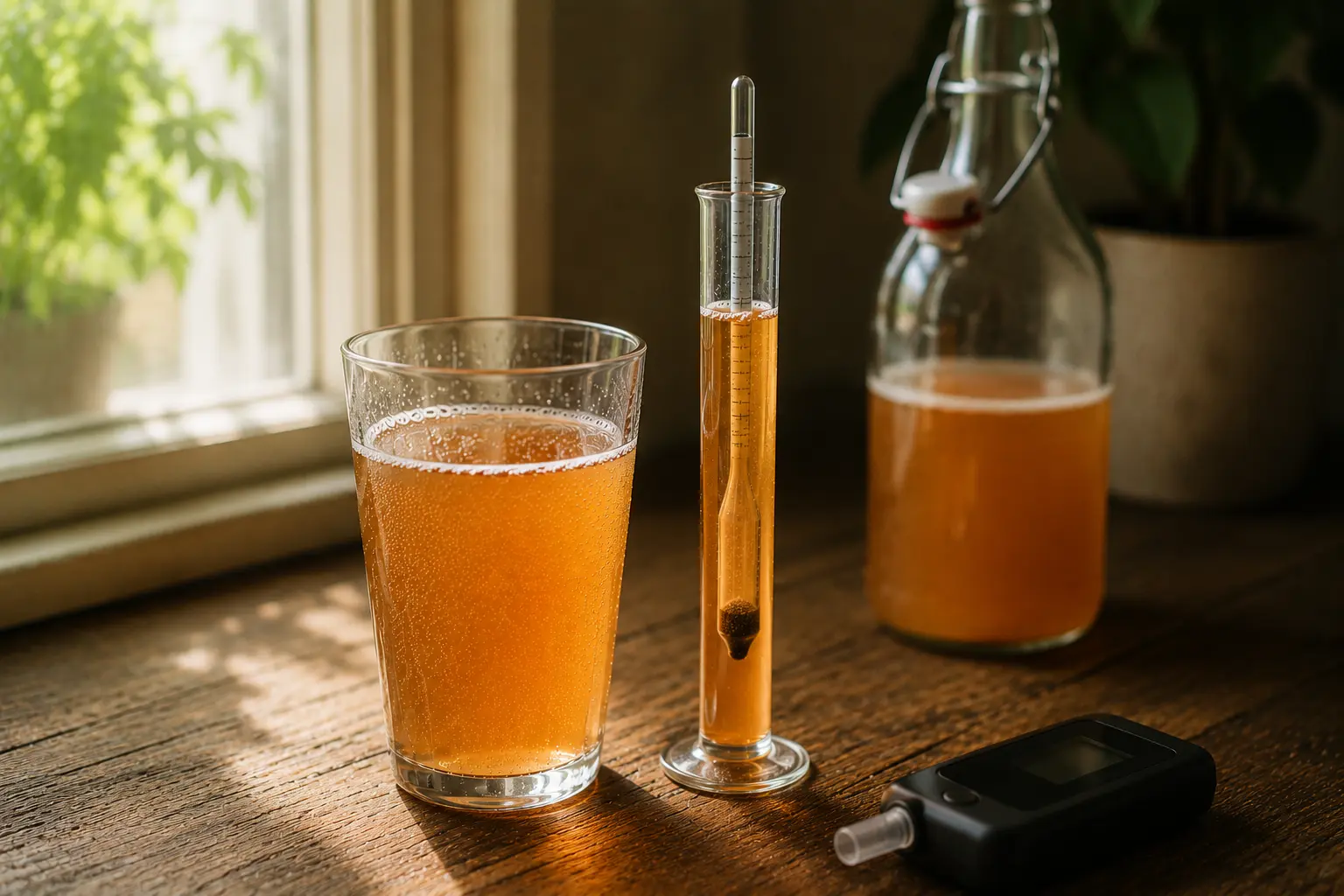 A glass of kombucha beside a hydrometer in a test cylinder, used to measure alcohol content