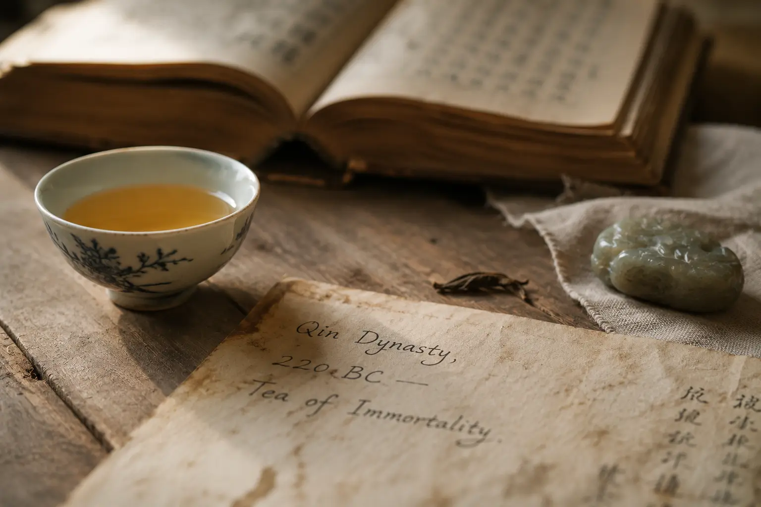 A porcelain cup of pale amber tea beside a handwritten note mentioning Qin Dynasty and the "Tea of Immortality" on a worn wooden table with historical books