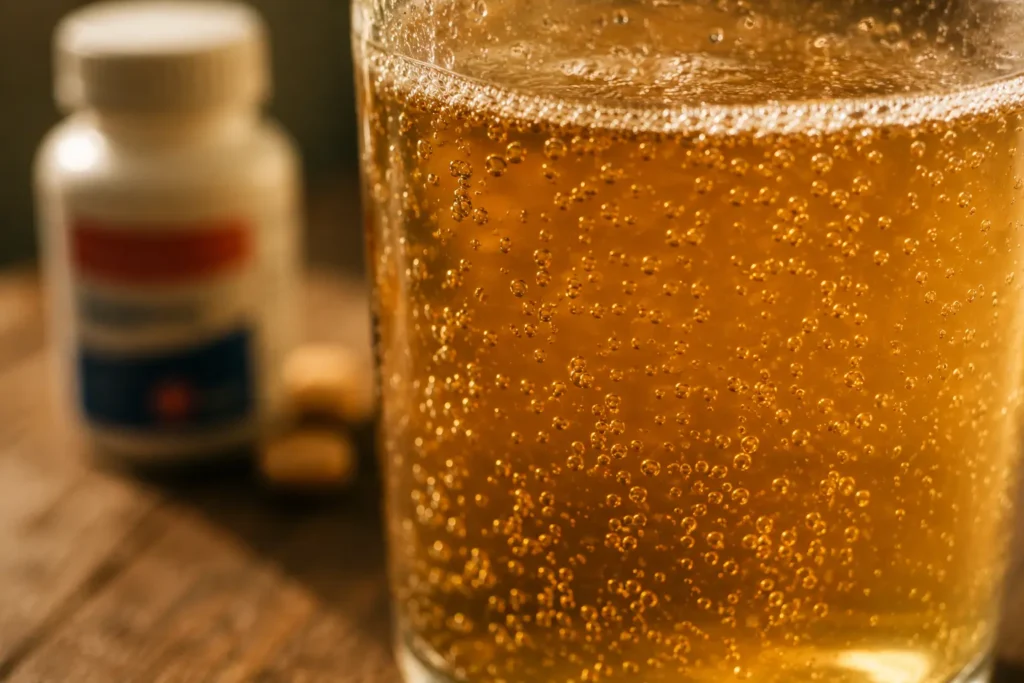 Extreme close-up of fizzy amber kombucha with visible carbonation bubbles, with a blurred ibuprofen bottle in the background, illustrating the potential interaction between kombucha's acidity and NSAIDs