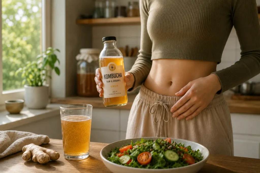Glass of kombucha drink rich in probiotics and organic acids that may support digestion and gut health