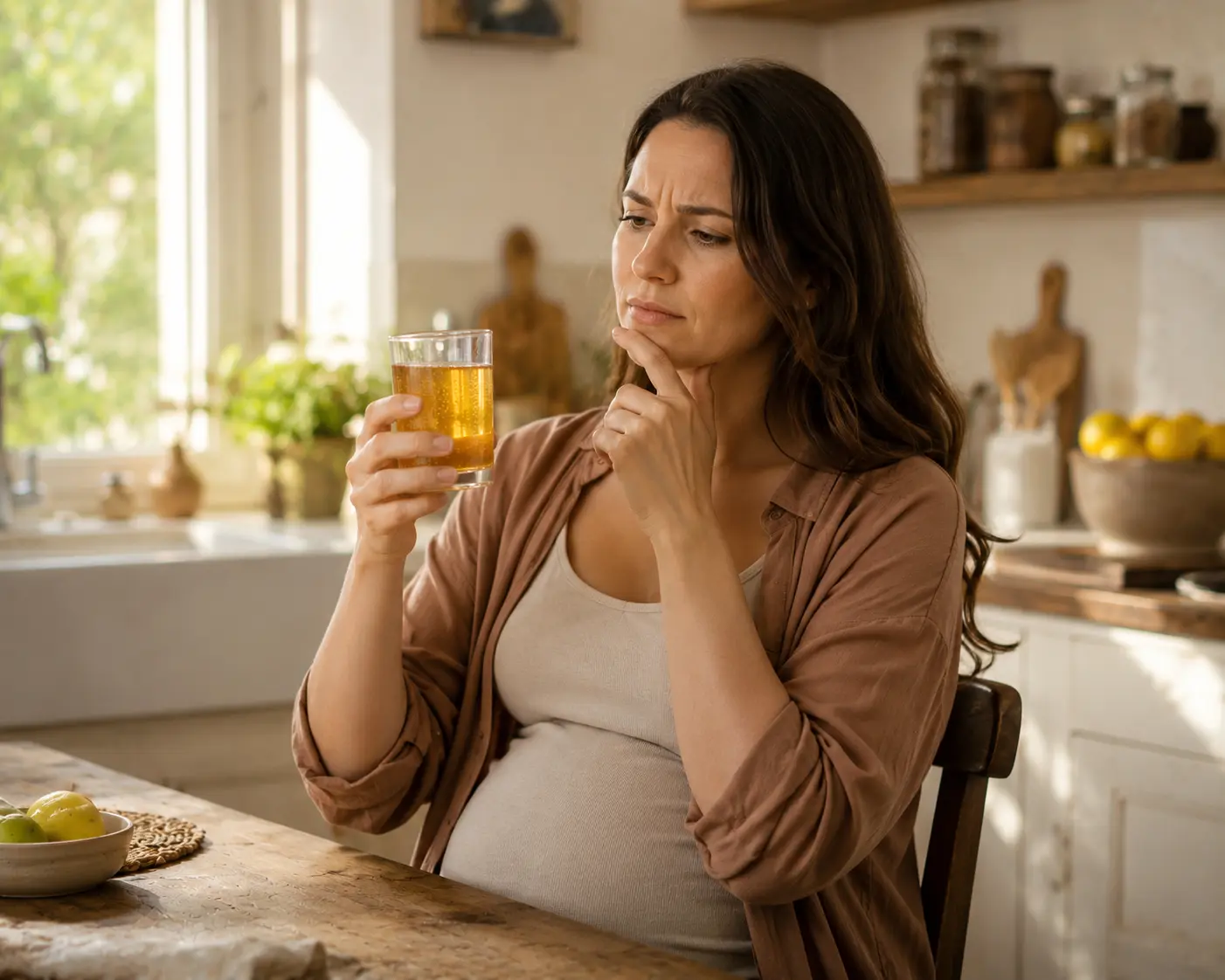 Pregnant woman holding a glass of kombucha looking uncertain

