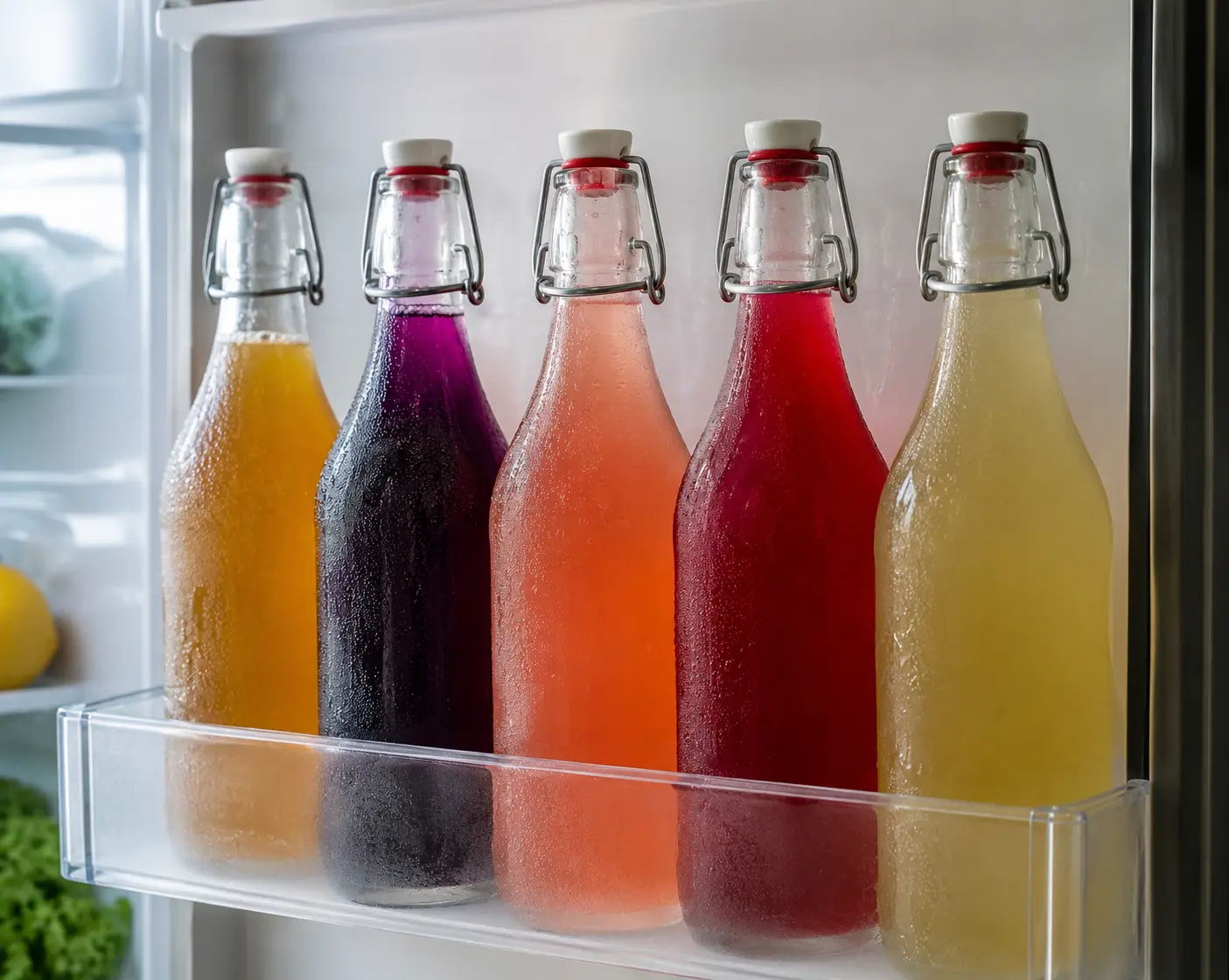 Five different flavoured kombucha bottles stored in fridge after second fermentation
