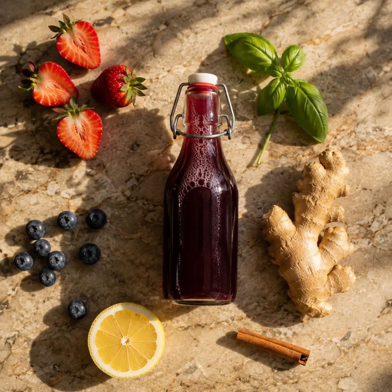 Kombucha bottle surrounded by fresh fruit and herb ingredients for second fermentation flavouring