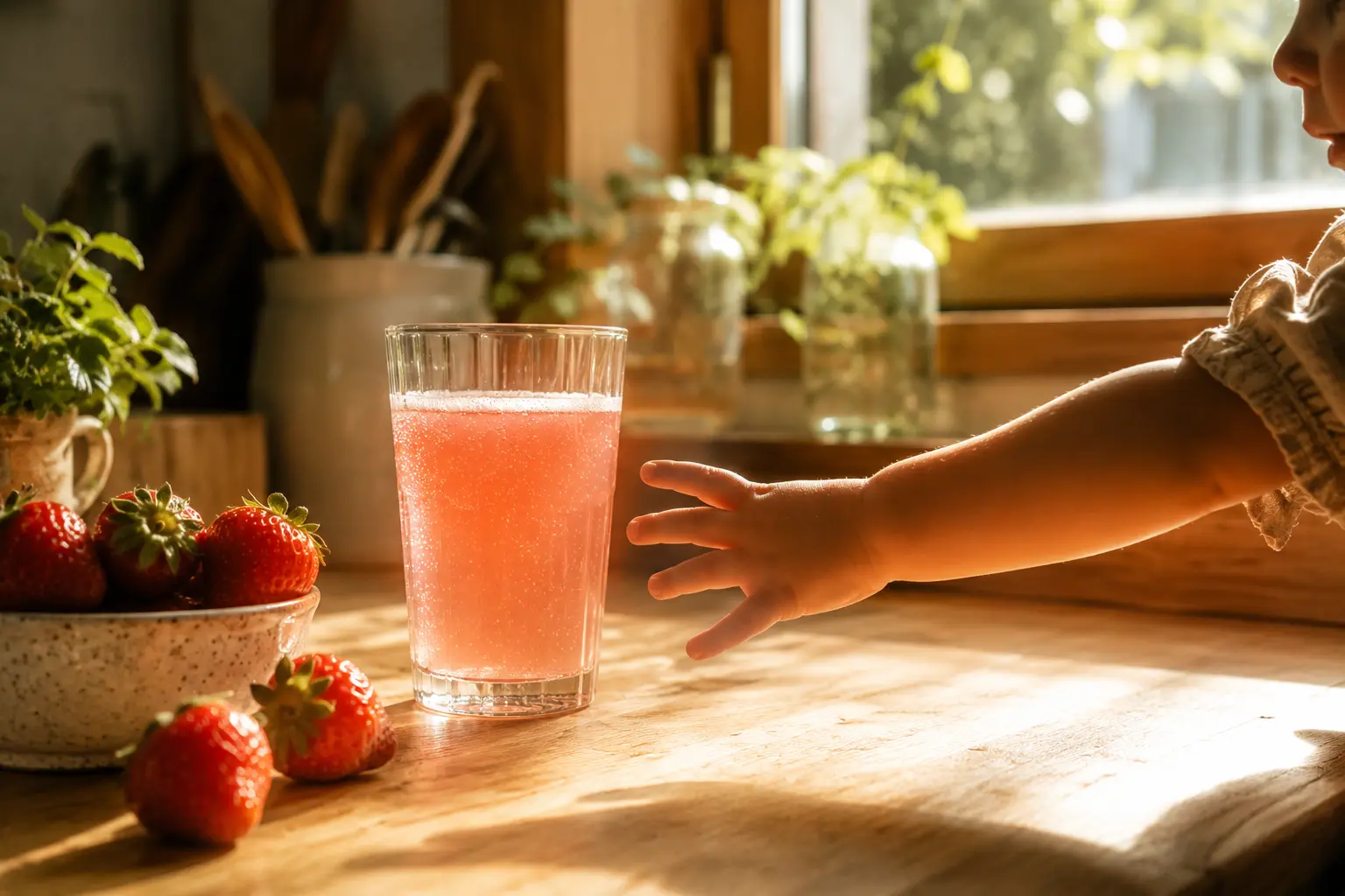 Glass of diluted strawberry kombucha suitable for children with fresh strawberries