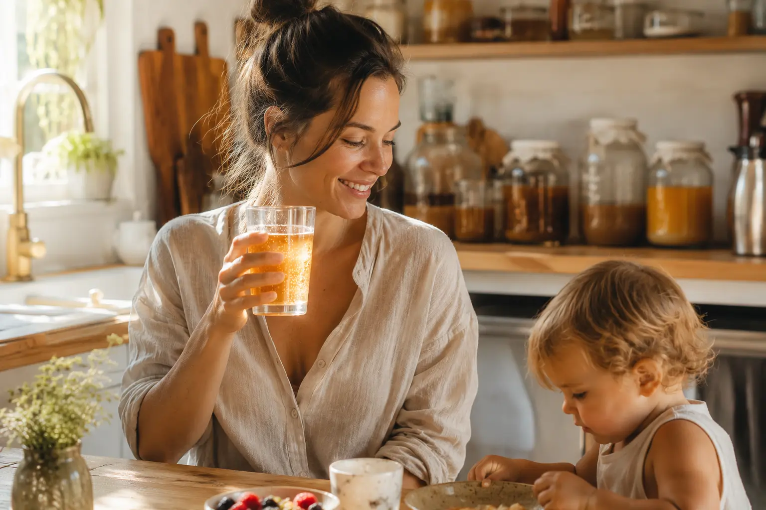 Mother holding a glass of kombucha in a bright kitchen with her child nearby