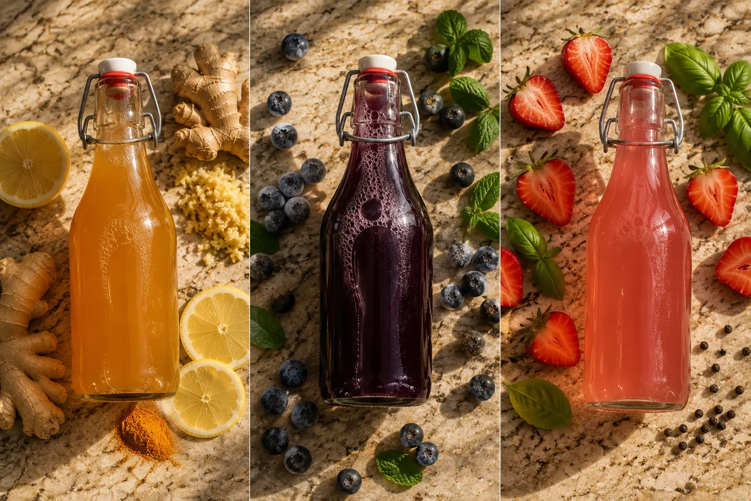 Three bottles of homemade kombucha in ginger lemon, blueberry mint, and strawberry basil flavours