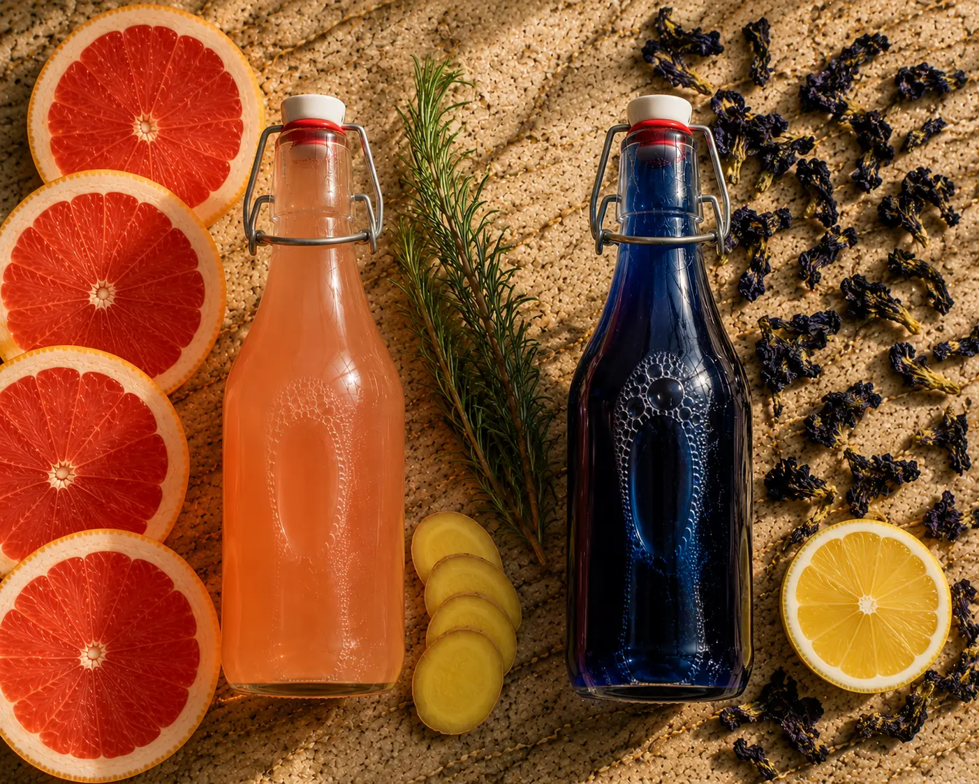 Two bottles of homemade kombucha in grapefruit rosemary and butterfly pea flower flavours with fresh ingredients