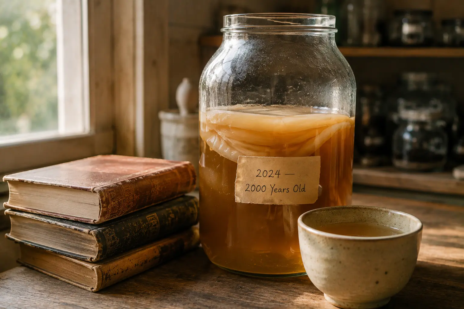 An aged glass fermentation jar with a pale SCOBY inside, labeled "2024 — 2000 Years Old," beside history books and a cup of kombucha on a wooden counter