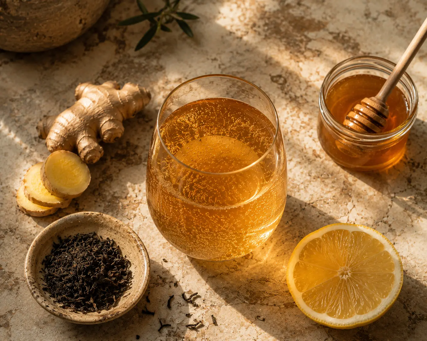 Flat lay of kombucha ingredients including black tea, ginger, lemon and honey on dark slate surface