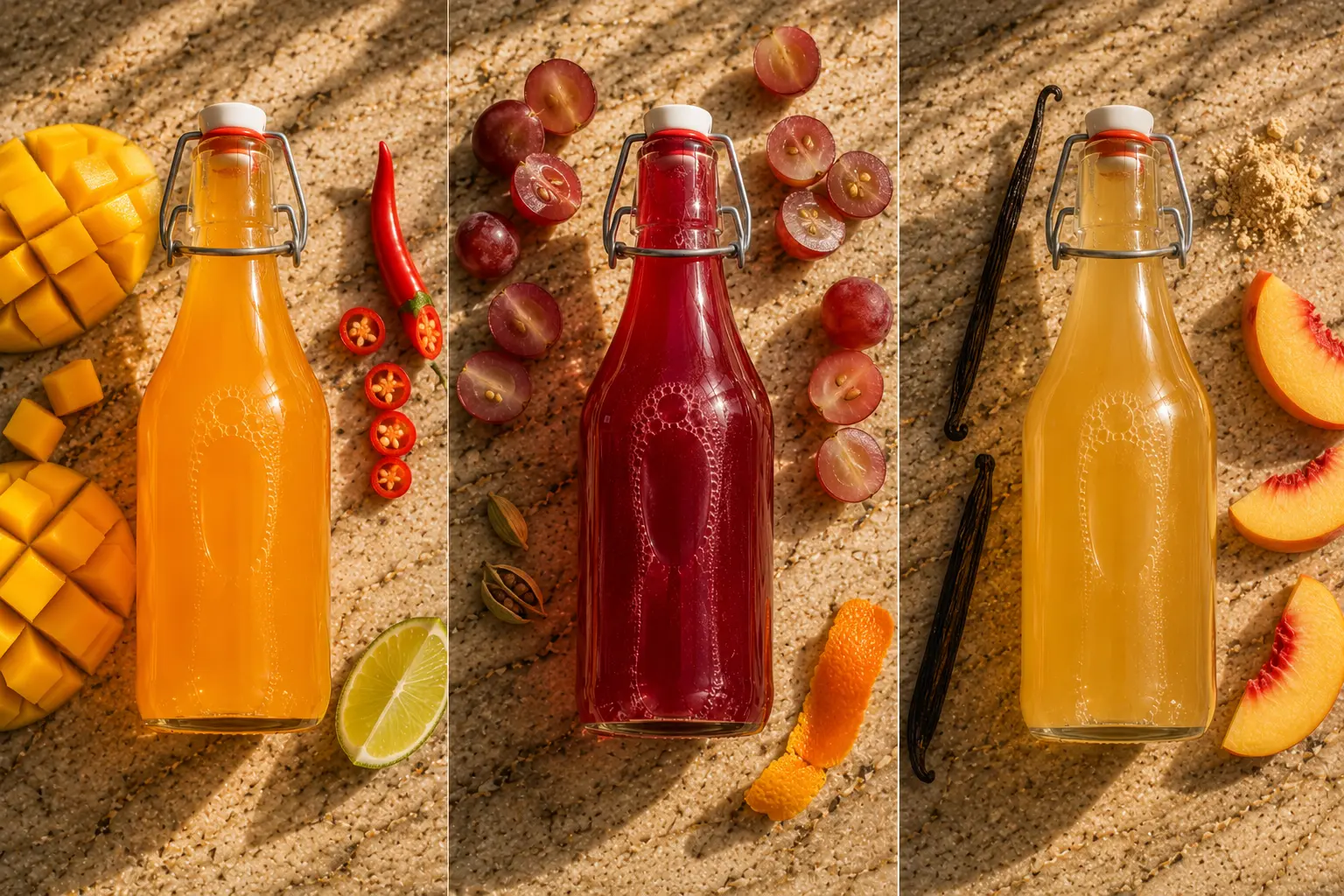 Three bottles of homemade kombucha in mango chilli, grape cardamom, and peach vanilla flavours 