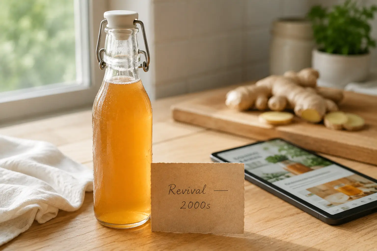 A swing-top bottle of amber kombucha beside a handwritten note reading "Revival — 2000s" on a light wooden counter, evoking the global wellness resurgence