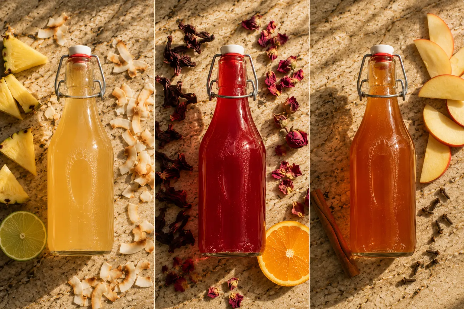 Three bottles of homemade kombucha in pineapple coconut, hibiscus rose, and apple cinnamon flavours
