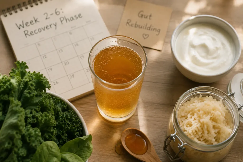 glass of kombucha surrounded by gut-healing foods (yogurt, sauerkraut, greens) with a calendar showing "Week 2-6: Recovery Phase"