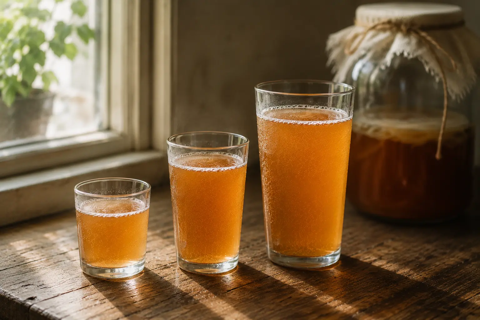 3 cups of different sizes with kombucha.