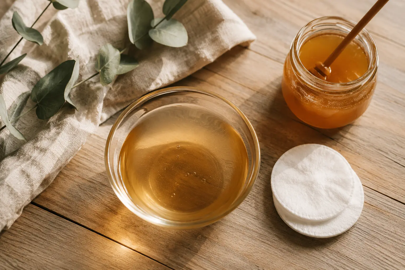 Plain kombucha with cotton pad and honey arranged for a homemade skincare toner and mask