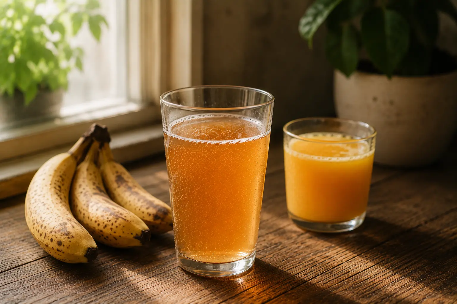 Amber kombucha being poured into a glass, the rising bubbles showing the fermentation that produces its trace alcohol