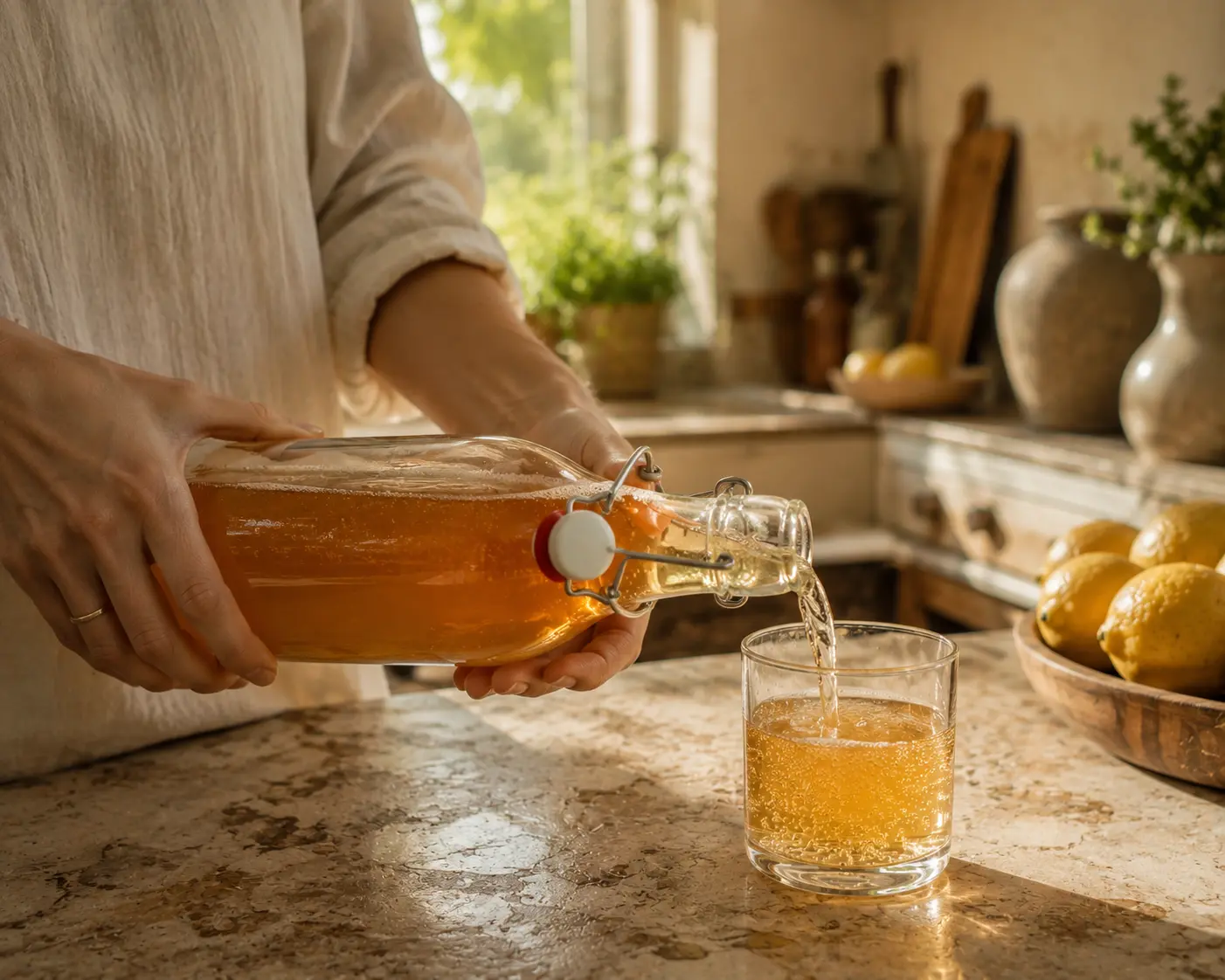 Pouring a measured serving of homemade kombucha into a glass on a marble kitchen counter ๎๎ป๎ป๎น๎You said: i feel that the "ill never forget the first.