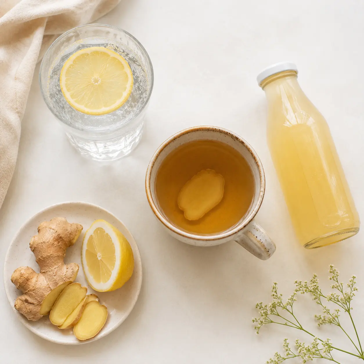 Flat lay of pregnancy-safe drink alternatives including ginger tea sparkling water and water kefir