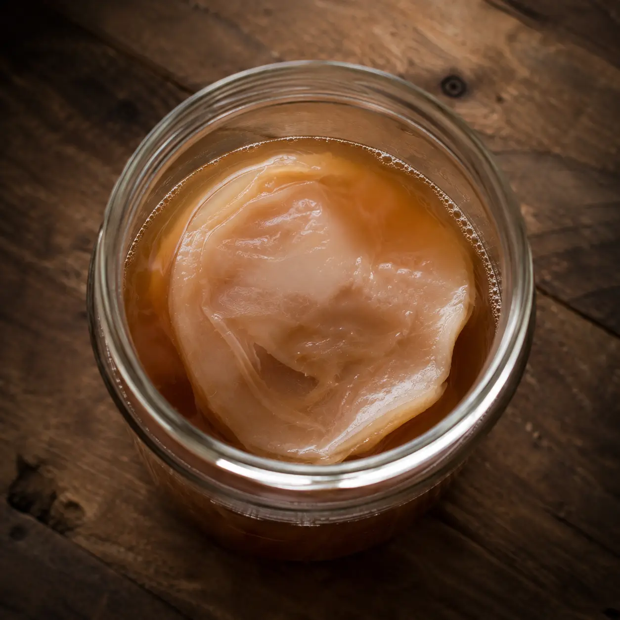 Glass jar of raw unpasteurised kombucha with SCOBY floating inside