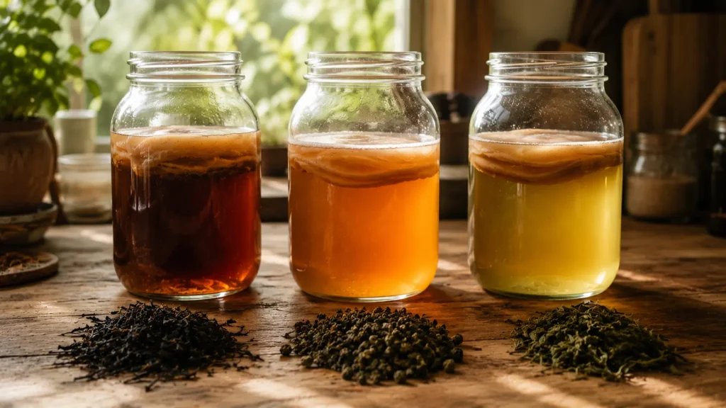 Three jars of kombucha brewed with black, oolong, and green tea showing the color range, with loose tea leaves on a wooden counter