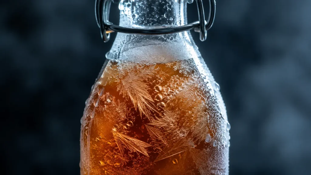 Amber kombucha frozen inside a frosted glass bottle with ice crystals and trapped bubbles