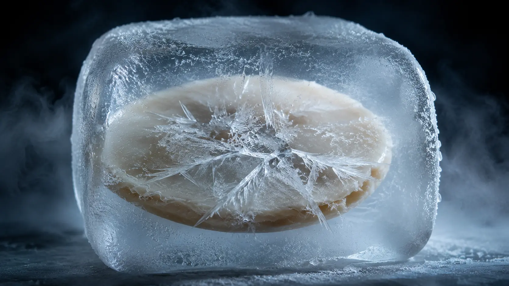 A kombucha SCOBY frozen in a block of ice with sharp ice crystals fracturing its structure