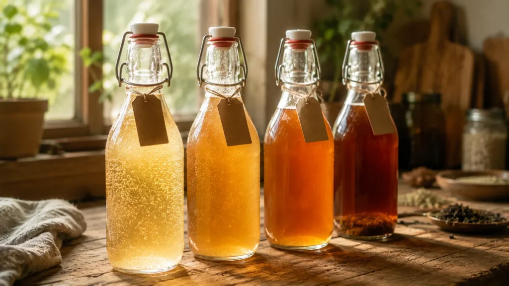 Four bottles of kombucha showing how it darkens and loses carbonation over time on a wooden counter