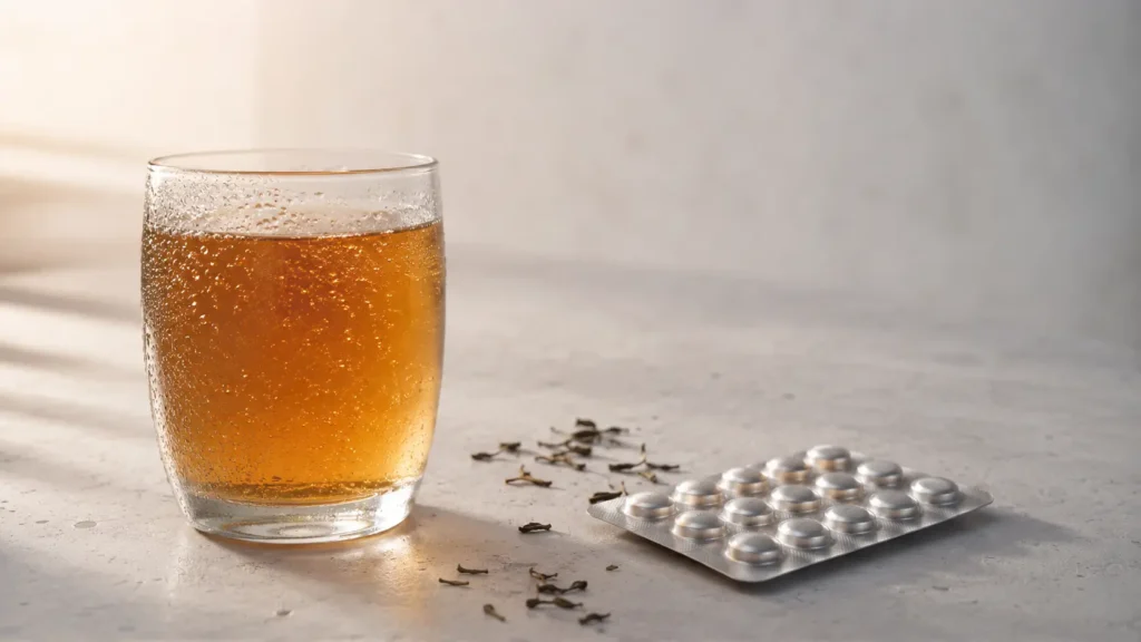 A glass of kombucha beside an unbranded blister pack of tablets on a pale surface