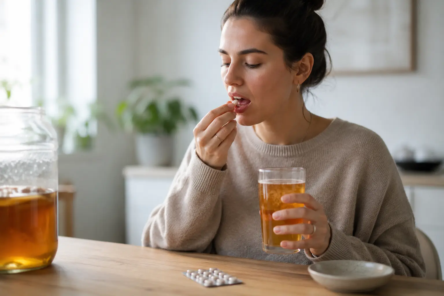 women takes birth control pills next to kombucha glass